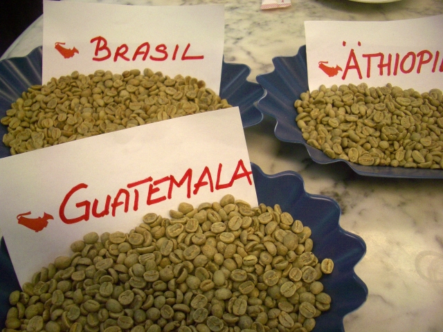 ロースト前の生のコーヒー豆。手前がグアテマラコーヒー