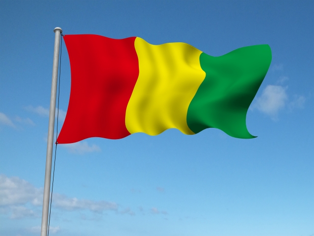 左から赤・黄・緑を配したギニアの国旗。この三色はアフリカ最古の独立国・エチオピア国旗に古くから用いられているもので、汎アフリカ色と呼ばれ、他の多くのアフリカ諸国の国旗にも取り入れられている。