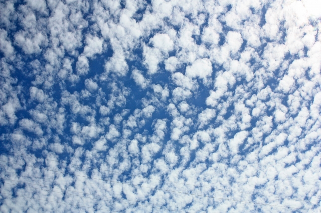 うろこ雲。個々の「うろこ」がもう少し横長になってくると「いわし雲」、さらに横長となり波状になってくると「さば雲」などといわれることも。