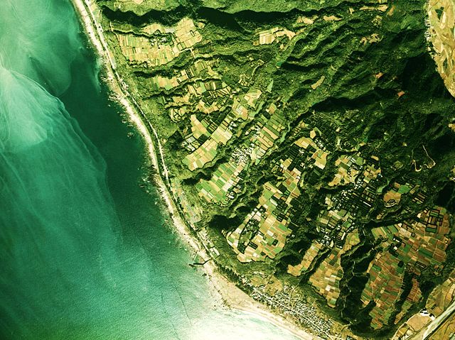 高知県室戸市付近の海岸段丘地形の空中写真。段丘面（畑地）と、海水によって深く侵食された谷状の地形が混在している。 © 地図・空中写真閲覧サービス 国土地理院