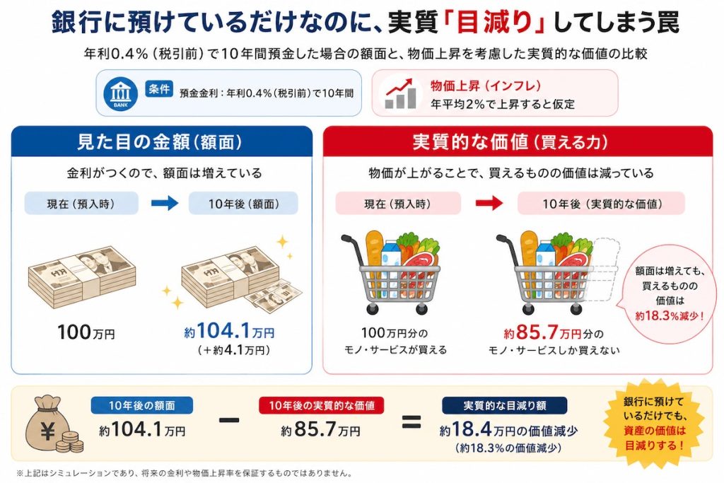 銀行預金でインフレ負けする図解
